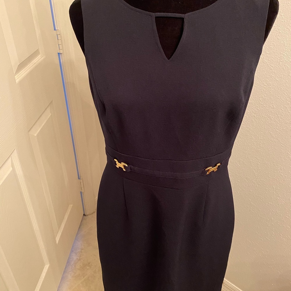 Tahari Navy Midi Dress with Gold Accents